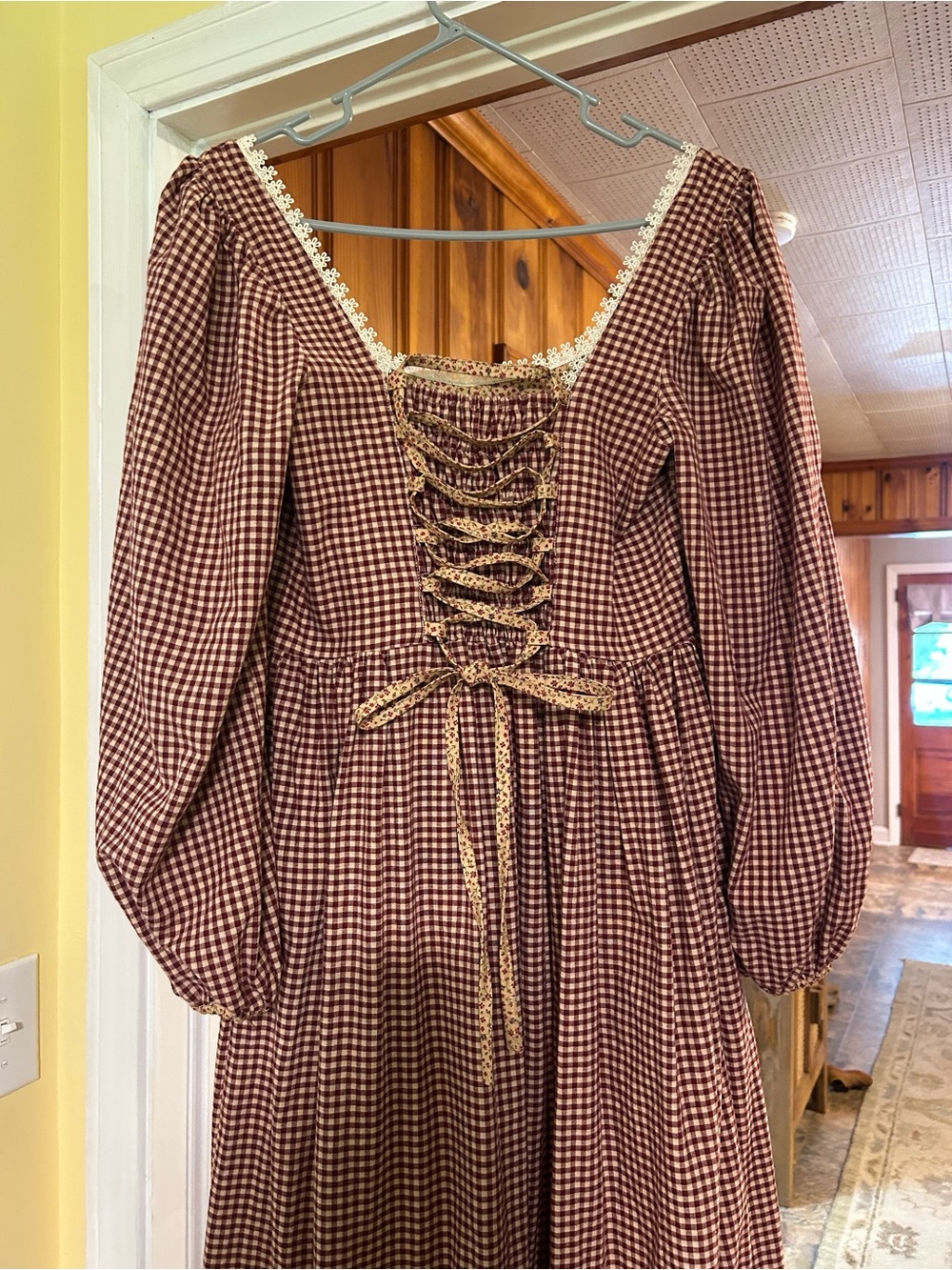 Red Gingham Maxi Dress with Lace Trim-Natural Fibers, Handmade